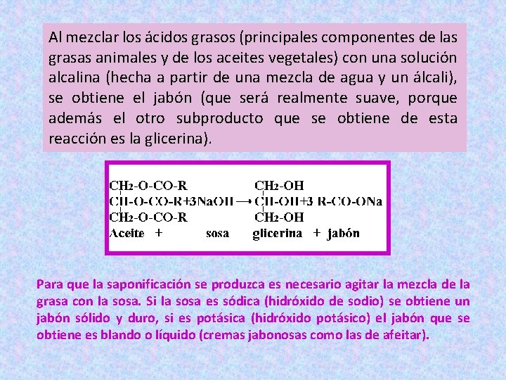 Al mezclar los ácidos grasos (principales componentes de las grasas animales y de los