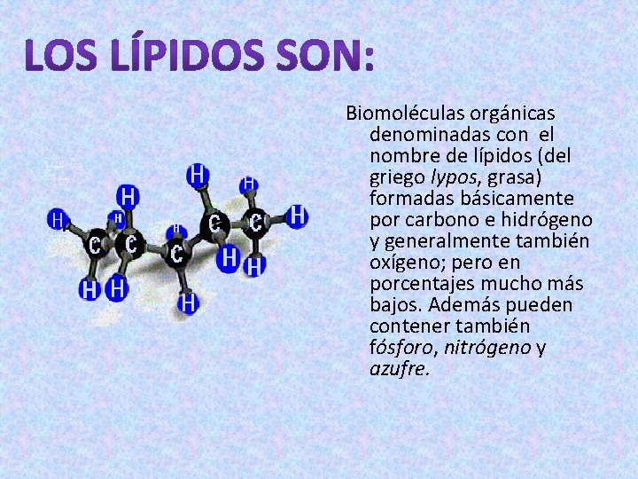 Biomoléculas orgánicas denominadas con el nombre de lípidos (del griego lypos, grasa) formadas básicamente