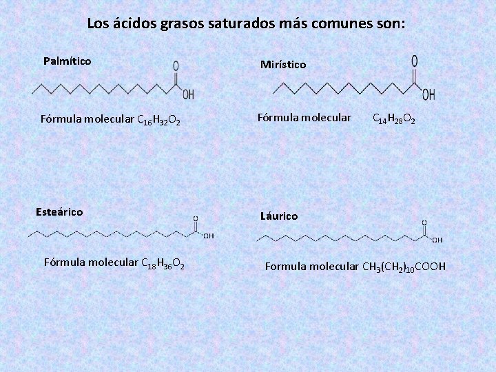 Los ácidos grasos saturados más comunes son: Palmítico Fórmula molecular C 16 H 32