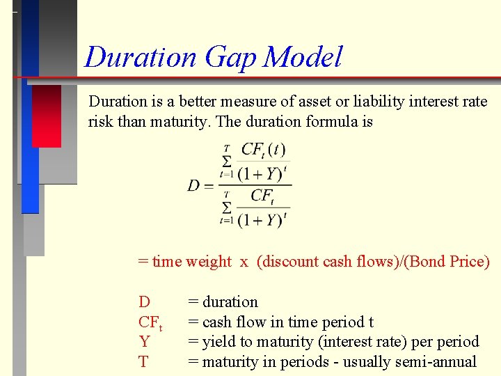 Duration Gap Model Duration is a better measure of asset or liability interest rate Duration Gap Model Duration is a better measure of asset or liability interest rate