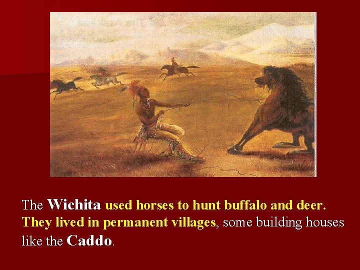 The Wichita used horses to hunt buffalo and deer. They lived in permanent villages,