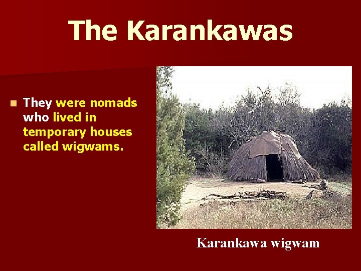 The Karankawas n They were nomads who lived in temporary houses called wigwams. Karankawa