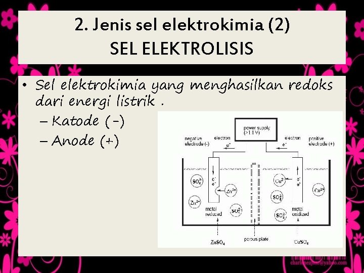 2. Jenis sel elektrokimia (2) SEL ELEKTROLISIS • Sel elektrokimia yang menghasilkan redoks dari