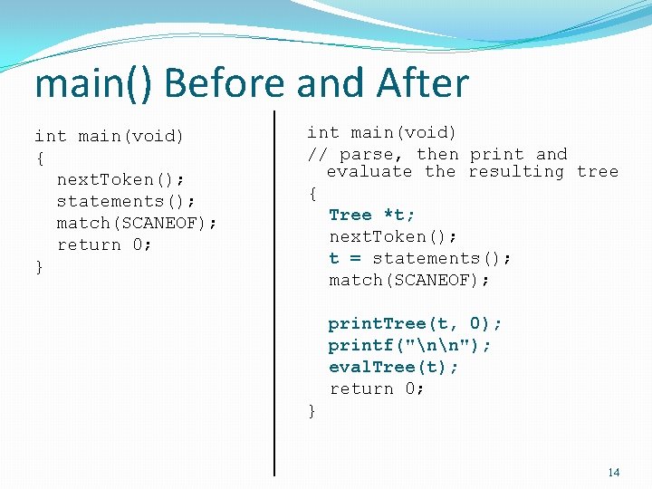 main() Before and After int main(void) { next. Token(); statements(); match(SCANEOF); return 0; }