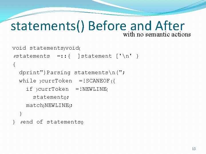 statements() Beforewithand After no semantic actions void statements)void( //statements =: : { ]statement ['n'