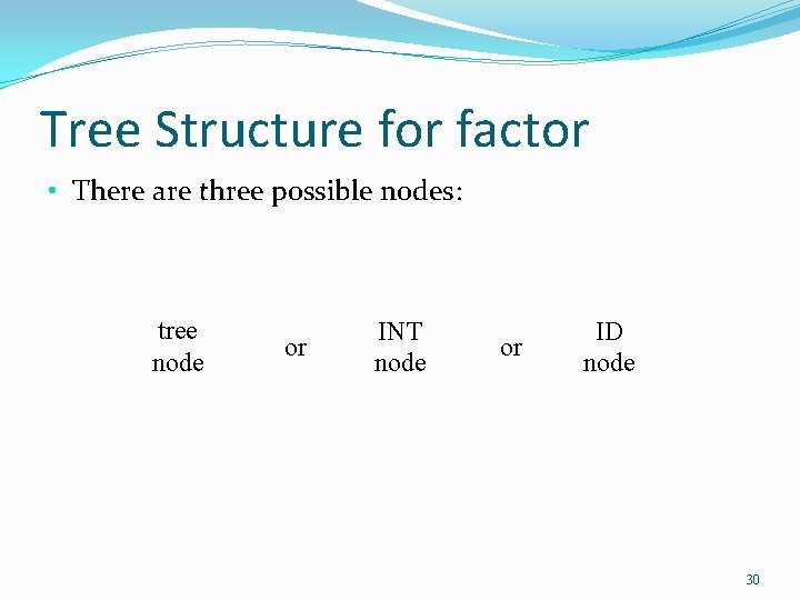 Tree Structure for factor • There are three possible nodes: tree node or INT