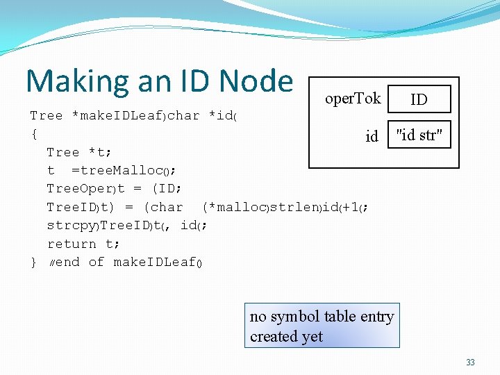 Making an ID Node oper. Tok Tree *make. IDLeaf)char *id( { id Tree *t;