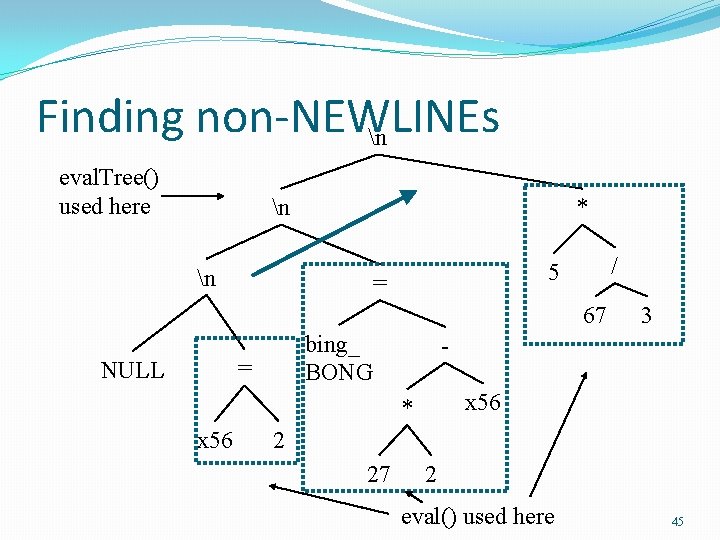 Finding non-NEWLINEs n eval. Tree() used here n * n / 5 = 67