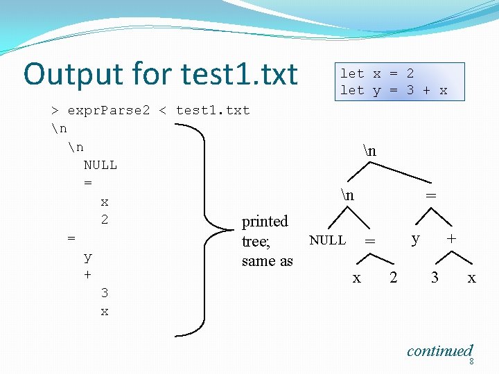 Output for test 1. txt > expr. Parse 2 < test 1. txt n