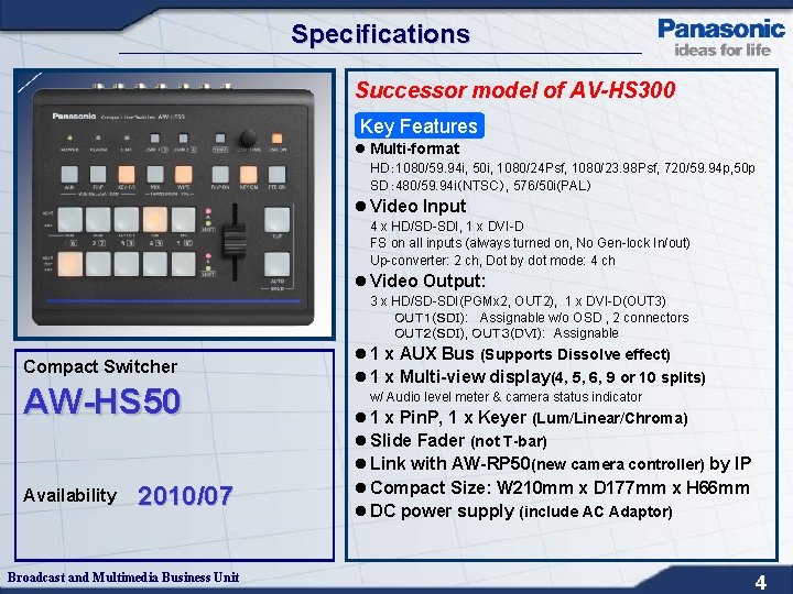 Specifications Successor model of AV-HS 300 Key Features l Multi-format HD： 1080/59. 94 i,