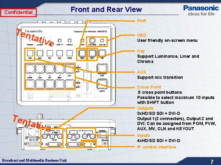 Confidential Front and Rear View Pin. P Ten tativ e OSD User friendly on-screen