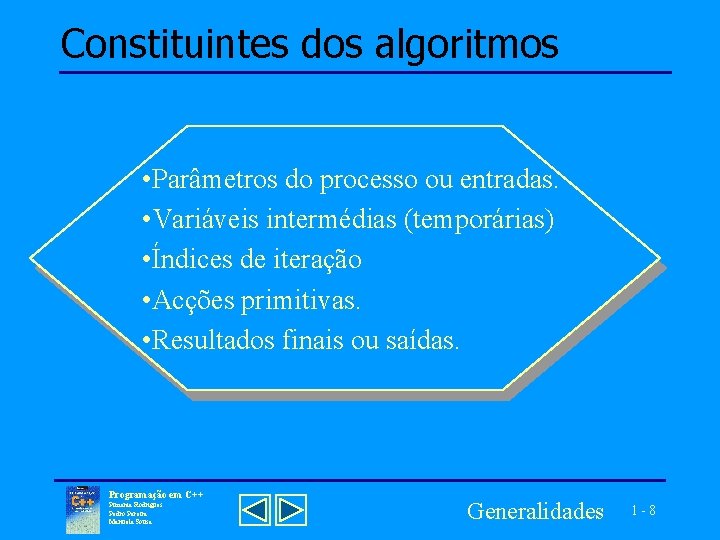 Constituintes dos algoritmos • Parâmetros do processo ou entradas. • Variáveis intermédias (temporárias) •