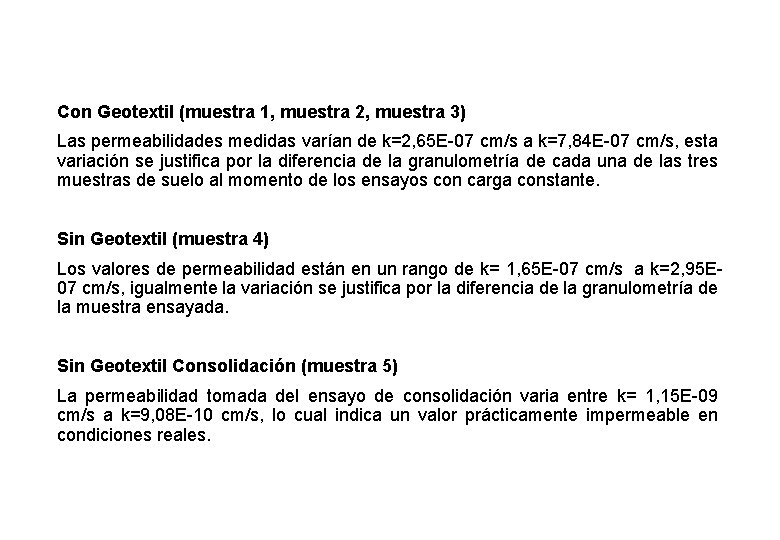Con Geotextil (muestra 1, muestra 2, muestra 3) Las permeabilidades medidas varían de k=2,