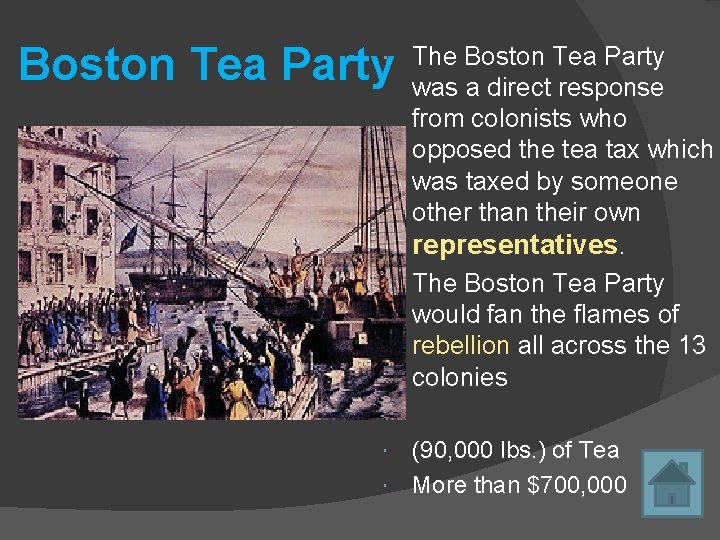 Boston Tea Party The Boston Tea Party was a direct response from colonists who Boston Tea Party The Boston Tea Party was a direct response from colonists who