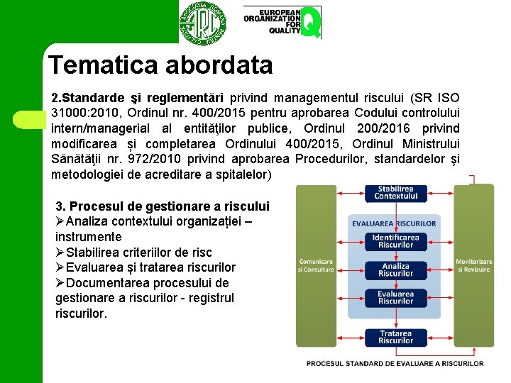 Tematica abordata 2. Standarde şi reglementări privind managementul riscului (SR ISO 31000: 2010, Ordinul