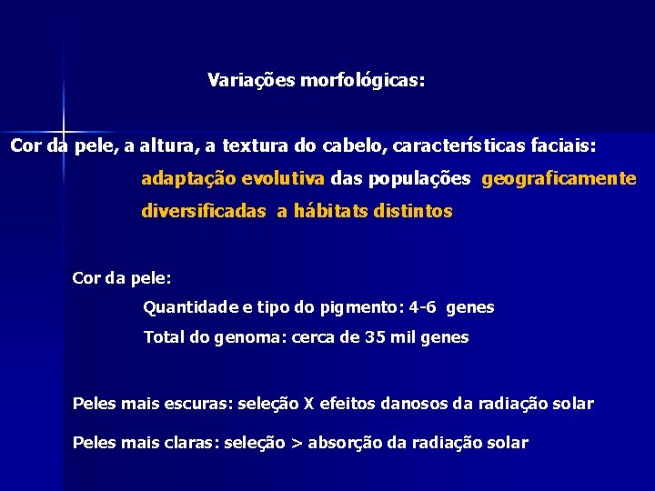 Variações morfológicas: Cor da pele, a altura, a textura do cabelo, características faciais: adaptação Variações morfológicas: Cor da pele, a altura, a textura do cabelo, características faciais: adaptação