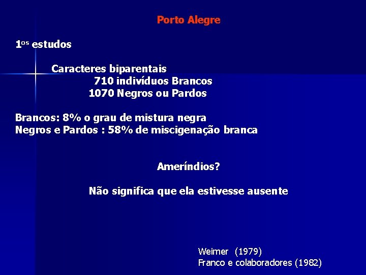 Porto Alegre 1 os estudos Caracteres biparentais 710 indivíduos Brancos 1070 Negros ou Pardos Porto Alegre 1 os estudos Caracteres biparentais 710 indivíduos Brancos 1070 Negros ou Pardos