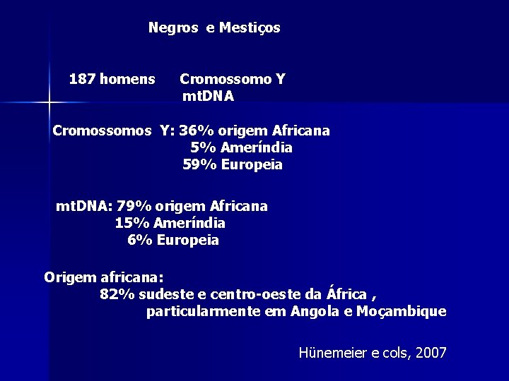 Negros e Mestiços 187 homens Cromossomo Y mt. DNA Cromossomos Y: 36% origem Africana Negros e Mestiços 187 homens Cromossomo Y mt. DNA Cromossomos Y: 36% origem Africana