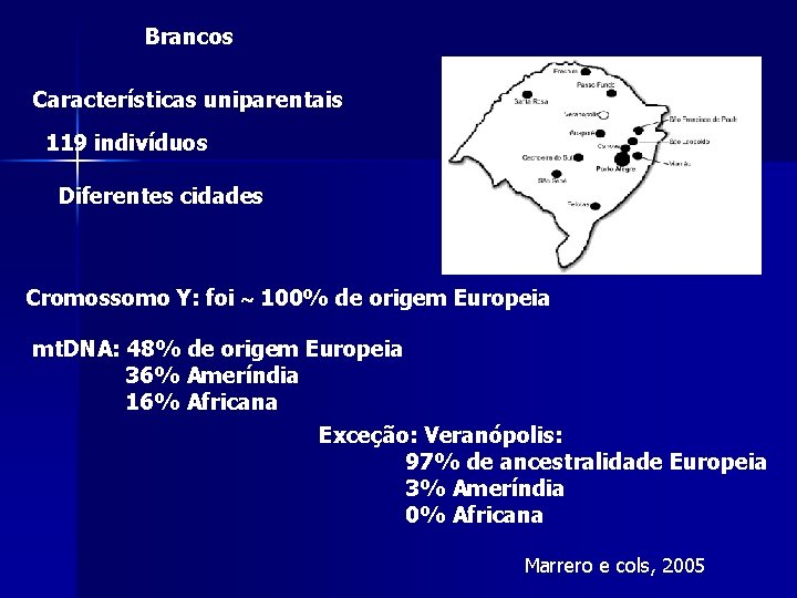 Brancos Características uniparentais 119 indivíduos Diferentes cidades Cromossomo Y: foi 100% de origem Europeia Brancos Características uniparentais 119 indivíduos Diferentes cidades Cromossomo Y: foi 100% de origem Europeia