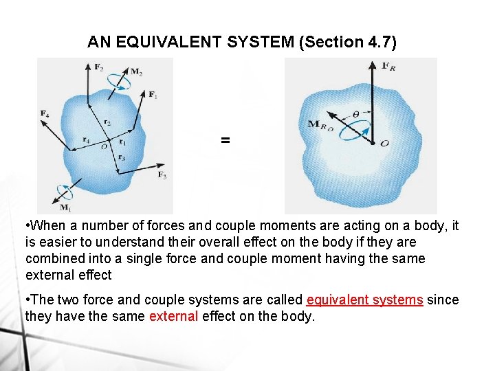 AN EQUIVALENT SYSTEM (Section 4. 7) = • When a number of forces and