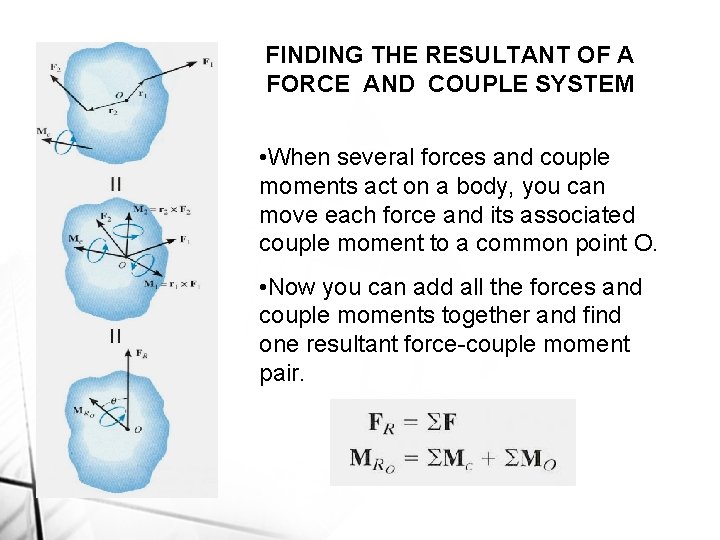 FINDING THE RESULTANT OF A FORCE AND COUPLE SYSTEM • When several forces and