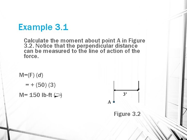 Example 3. 1 Calculate the moment about point A in Figure 3. 2. Notice