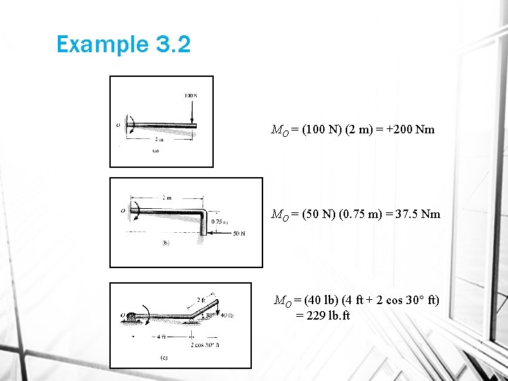 Example 3. 2 MO = (100 N) (2 m) = +200 Nm MO =
