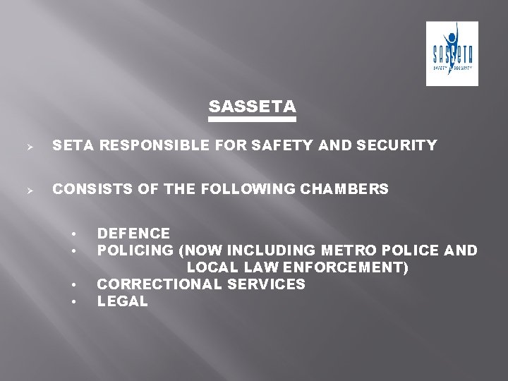 SASSETA Ø SETA RESPONSIBLE FOR SAFETY AND SECURITY Ø CONSISTS OF THE FOLLOWING CHAMBERS