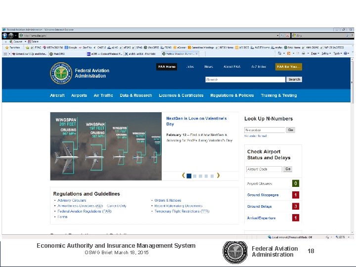 Economic Authority and Insurance Management System OSWG Brief: March 18, 2015 Federal Aviation Administration Economic Authority and Insurance Management System OSWG Brief: March 18, 2015 Federal Aviation Administration
