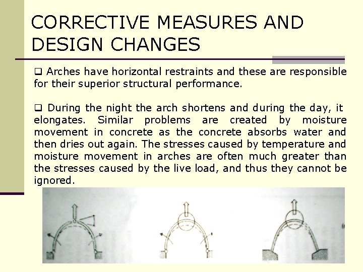 CORRECTIVE MEASURES AND DESIGN CHANGES q Arches have horizontal restraints and these are responsible