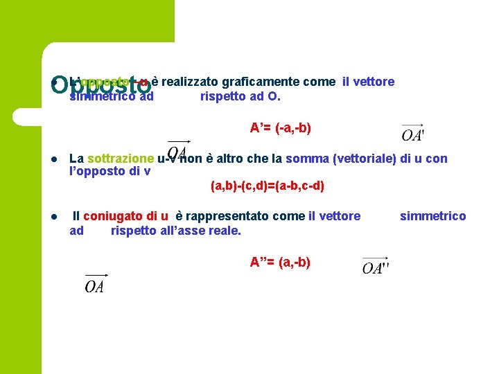 L’opposto –u è realizzato graficamente come il vettore Opposto simmetrico ad rispetto ad O.