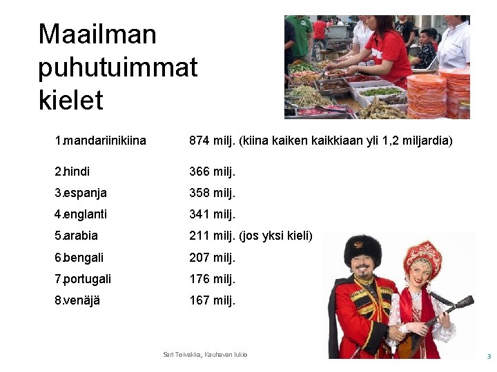 Maailman puhutuimmat kielet 1. mandariinikiina 874 milj. (kiina kaiken kaikkiaan yli 1, 2 miljardia)