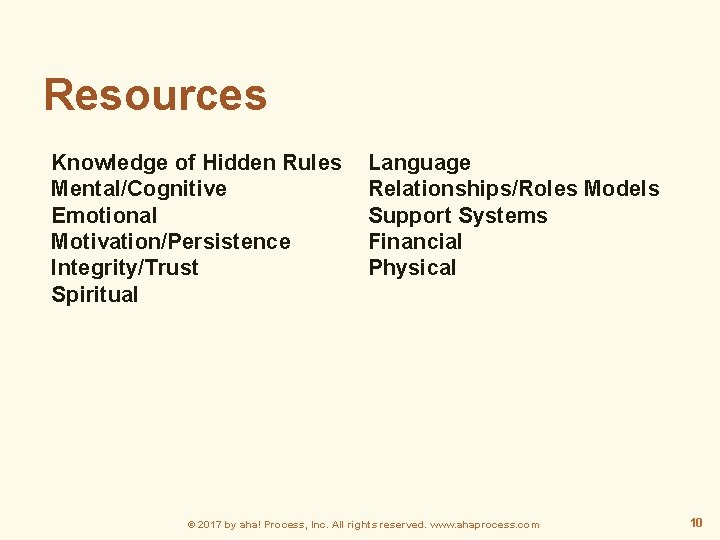 Resources Knowledge of Hidden Rules Mental/Cognitive Emotional Motivation/Persistence Integrity/Trust Spiritual Language Relationships/Roles Models Support
