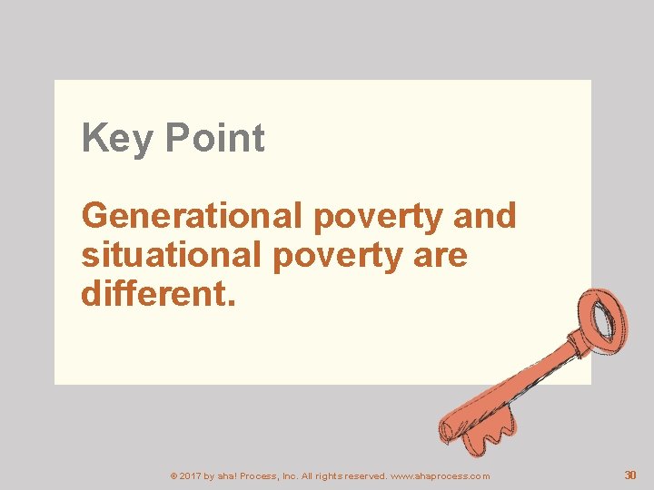 Key Point Generational poverty and situational poverty are different. © 2017 by aha! Process,