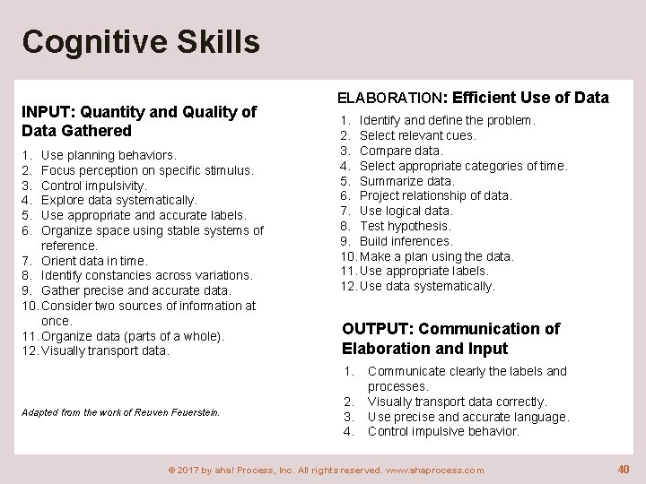 Cognitive Skills INPUT: Quantity and Quality of Data Gathered 1. 2. 3. 4. 5.