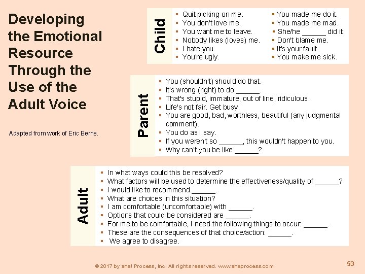 Adult Adapted from work of Eric Berne. Child Parent Developing the Emotional Resource Through