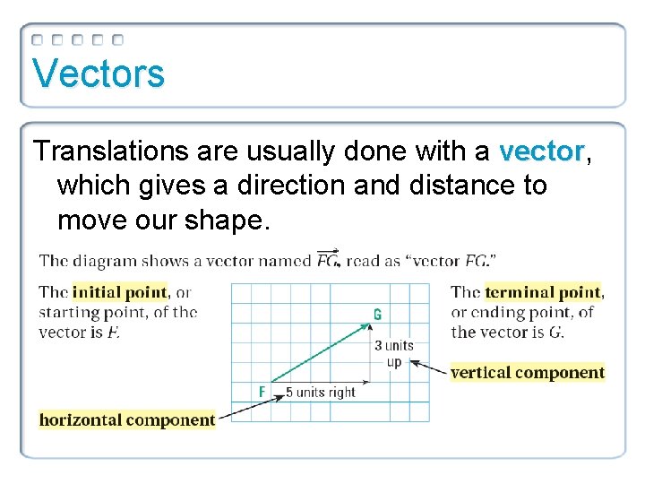 Vectors Translations are usually done with a vector, vector which gives a direction and Vectors Translations are usually done with a vector, vector which gives a direction and
