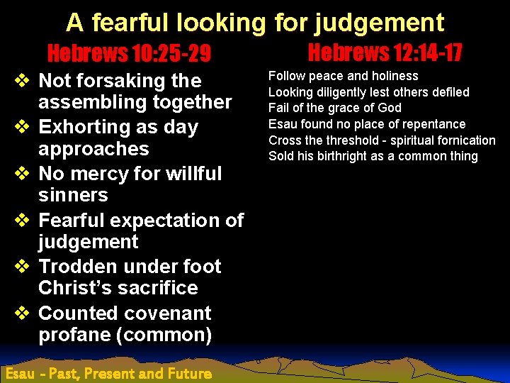 A fearful looking for judgement Hebrews 10: 25 -29 Hebrews 12: 14 -17 v