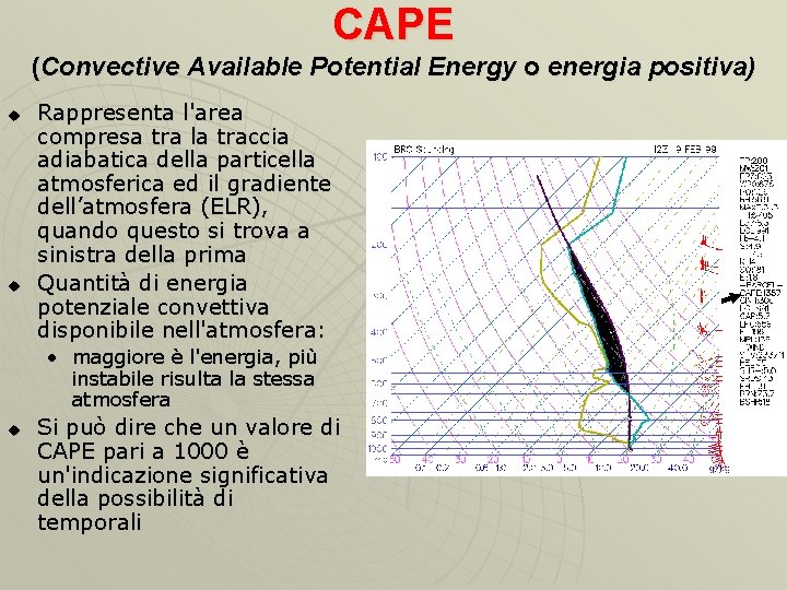 CAPE (Convective Available Potential Energy o energia positiva) u u Rappresenta l'area compresa tra