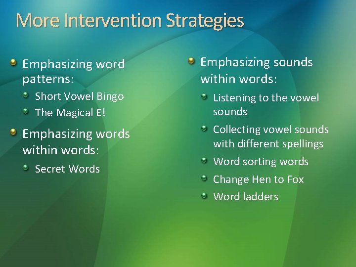 More Intervention Strategies Emphasizing word patterns: Short Vowel Bingo The Magical E! Emphasizing words