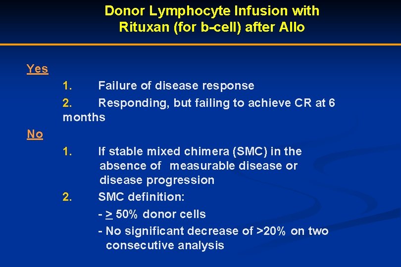 Donor Lymphocyte Infusion with Rituxan (for b-cell) after Allo Yes 1. Failure of disease