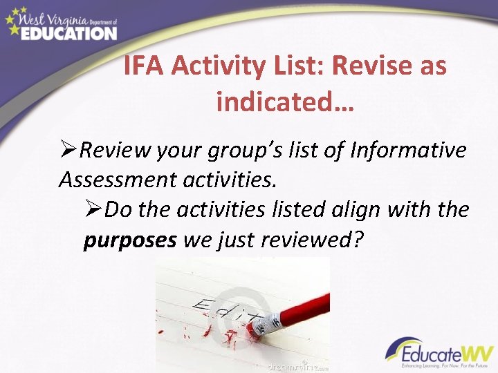 IFA Activity List: Revise as indicated… ØReview your group’s list of Informative Assessment activities.