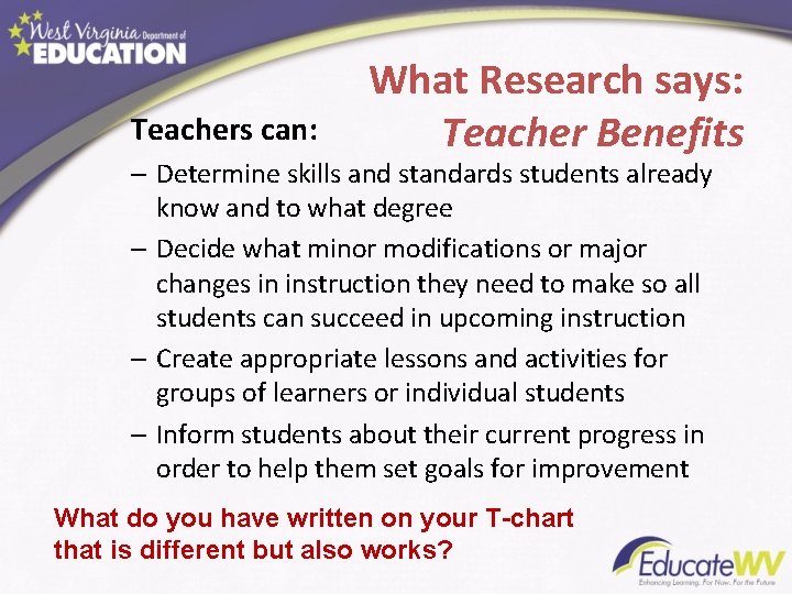 Teachers can: What Research says: Teacher Benefits – Determine skills and standards students already