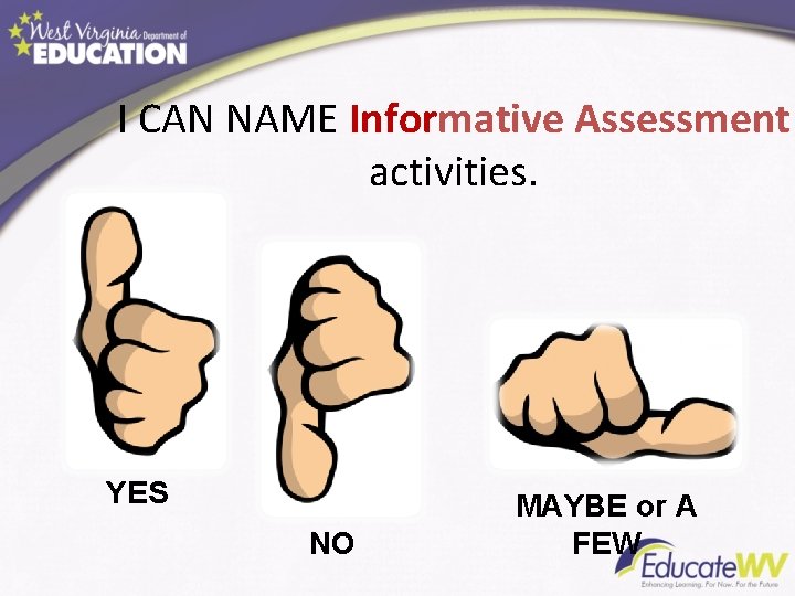 I CAN NAME Informative Assessment activities. YES NO MAYBE or A FEW 