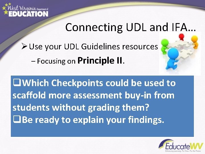 Connecting UDL and IFA… Ø Use your UDL Guidelines resources – Focusing on Principle