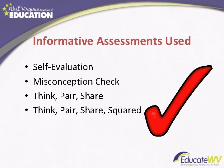 Informative Assessments Used • • Self-Evaluation Misconception Check Think, Pair, Share, Squared 