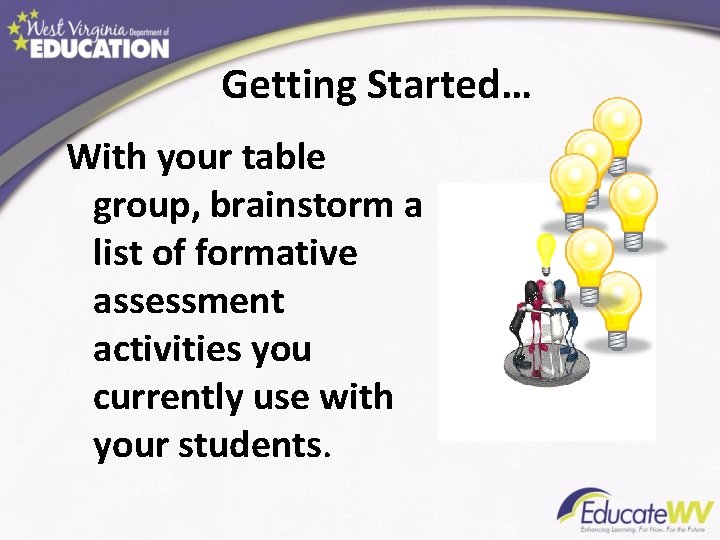 Getting Started… With your table group, brainstorm a list of formative assessment activities you