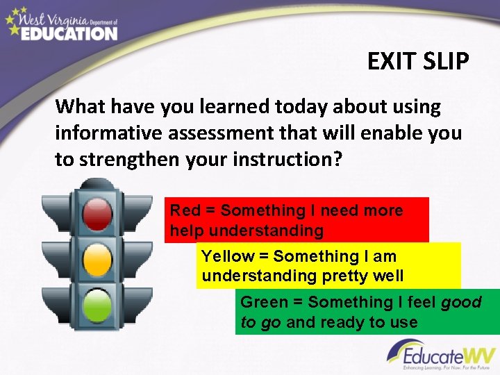 EXIT SLIP What have you learned today about using informative assessment that will enable