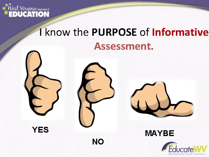 I know the PURPOSE of Informative Assessment. YES NO MAYBE 