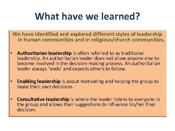 What have we learned? We have identified and explored different styles of leadership in